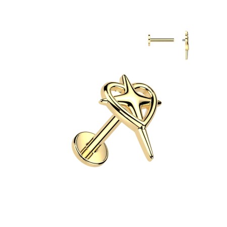 Złoty labret Serce z krzyżem