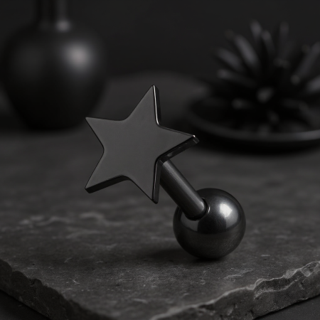 Czarna sztanga do ucha z gwiazdką Sztanga do ucha z płaską gwiazdką o średnicy 6,5 mm.