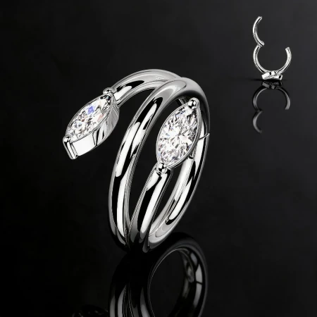 Clicker Double Vine Marquise – pojedyncza obręcz z dwoma gałązkami w formie półobręczy, zakończonymi białymi cyrkoniami markizy. Idealny do conch, helix i lobe. Wykonany ze stali 316L.