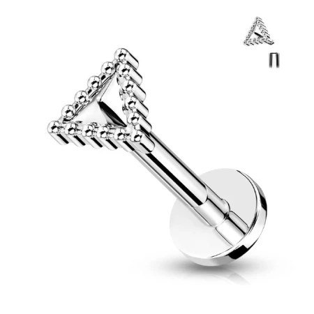 labret trójkąt z wytłoczonymi koralikami na obwodzie. Labret z gwintem wewnętrznym. Pasuje do lobe, helix, tragus, conch oraz piercingu wargi jak medusa czy ashley. Stal 316L, nakrętka mosiądz.