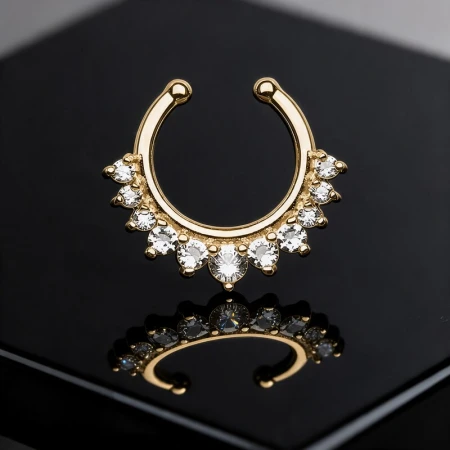 Fake Septum Multi Crystals w złotym wykończeniu PVD to efektowna ozdoba, bez konieczności wykonywania przekłucia! Model zdobi 11 białych cyrkonii, które pięknie odbijają światło i tworzą błyszczącą kompozycję na tle złotej oprawy.