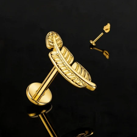 Tytanowy labret z złotym piórkiem 11,2 mm, wykonany z hipoalergicznego tytanu G23 z powłoką PVD. Elegancki, trwały i odporny na ścieranie. Idealny do helix, lobe, tragus – subtelny, nowoczesny akcent w Twoim piercingu.
