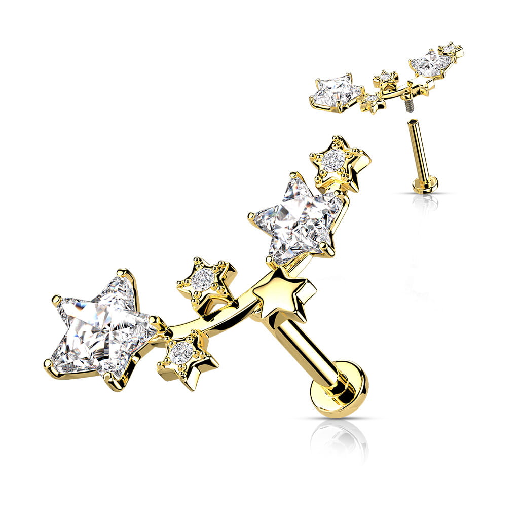 Idealny do piercingu lobe, helix i conch. Posiada wygodny gwint wewnętrzny. Wykonany ze stali chirurgicznej 316L, nakrętka z mosiądzu z powłoką PVD w kolorze złota.