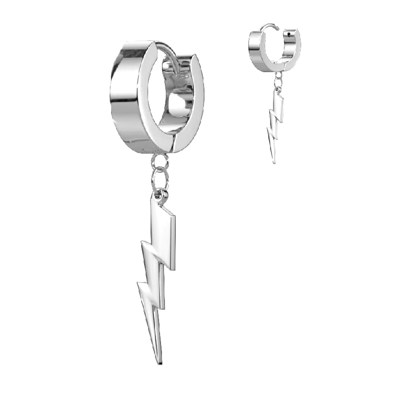 Srebrne kółeczko huggie z zawieszką błyskawicą, idealne do lobe. Łatwy system kliknięcia do samodzielnego montażu. Grubość 4 mm, średnica 10 mm, zawieszka 20 mm. Wykonane ze stali chirurgicznej 316L.