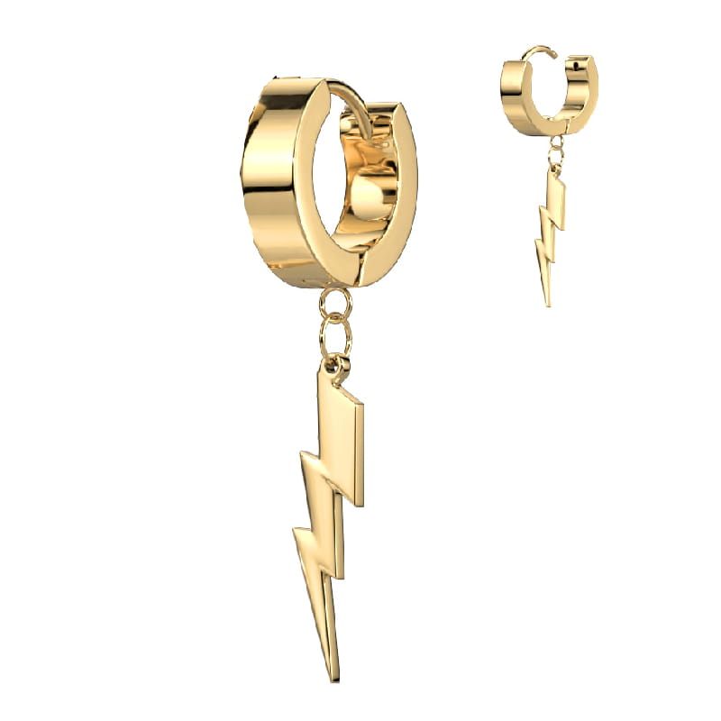 Złote kółeczko huggie z zawieszką błyskawicą, idealne do lobe. Łatwy system kliknięcia do samodzielnego montażu. Grubość 4 mm, średnica 10 mm, zawieszka 20 mm. Wykonane ze stali chirurgicznej 316L.