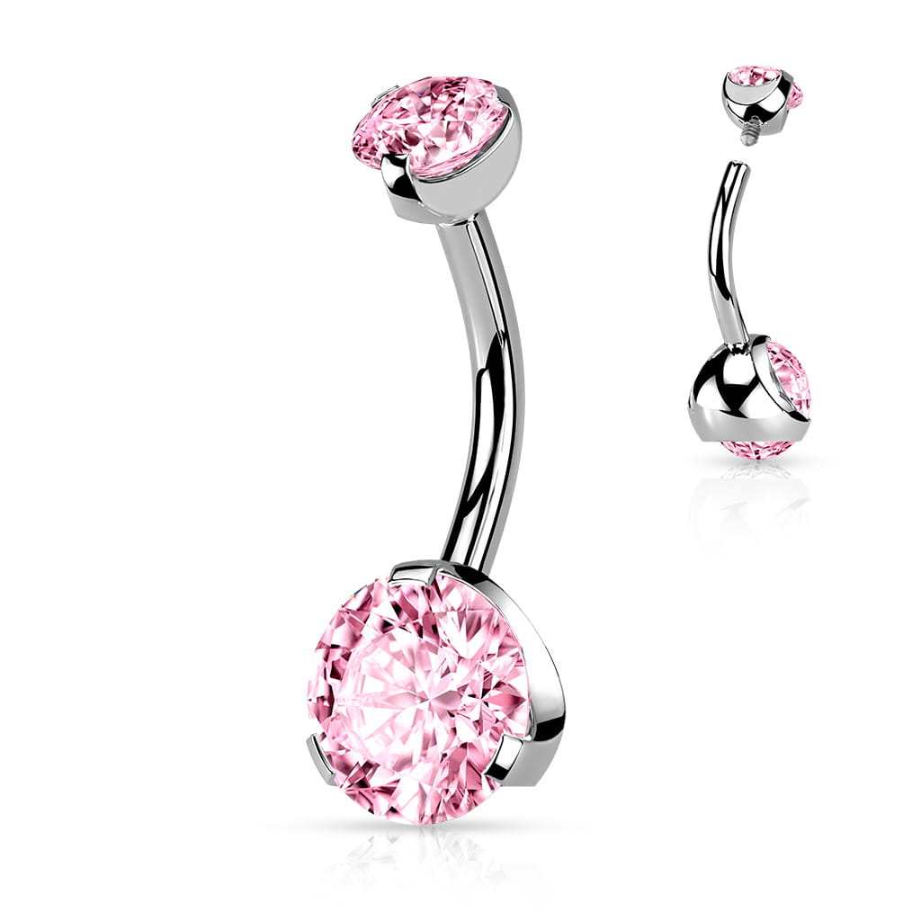 Delikatny i elegancki kolczyk do pępka ozdobiony dwoma dużymi, pudroworóżowymi cyrkoniami kubicznymi, które pięknie odbijają światło