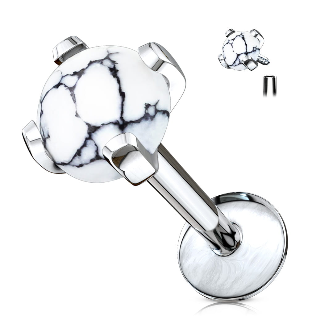 Labret z naturalnym kamieniem howlit  4 mm w bezpiecznym uchwycie poczwórnym. Idealny do piercingu ucha i wargi. Gwint wewnętrzny. Stal chirurgiczna 316L.