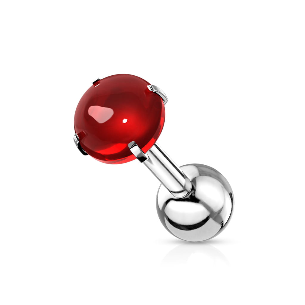 Sztanga z gładką, kaboszonową czerwoną cyrkonią 4 mm, idealna do piercingu lobe, helix, conch i tragus. Wykonana ze stali chirurgicznej 316L, z zewnętrznym gwintem i odkręcaną dolną kuleczką dla wygody noszenia.