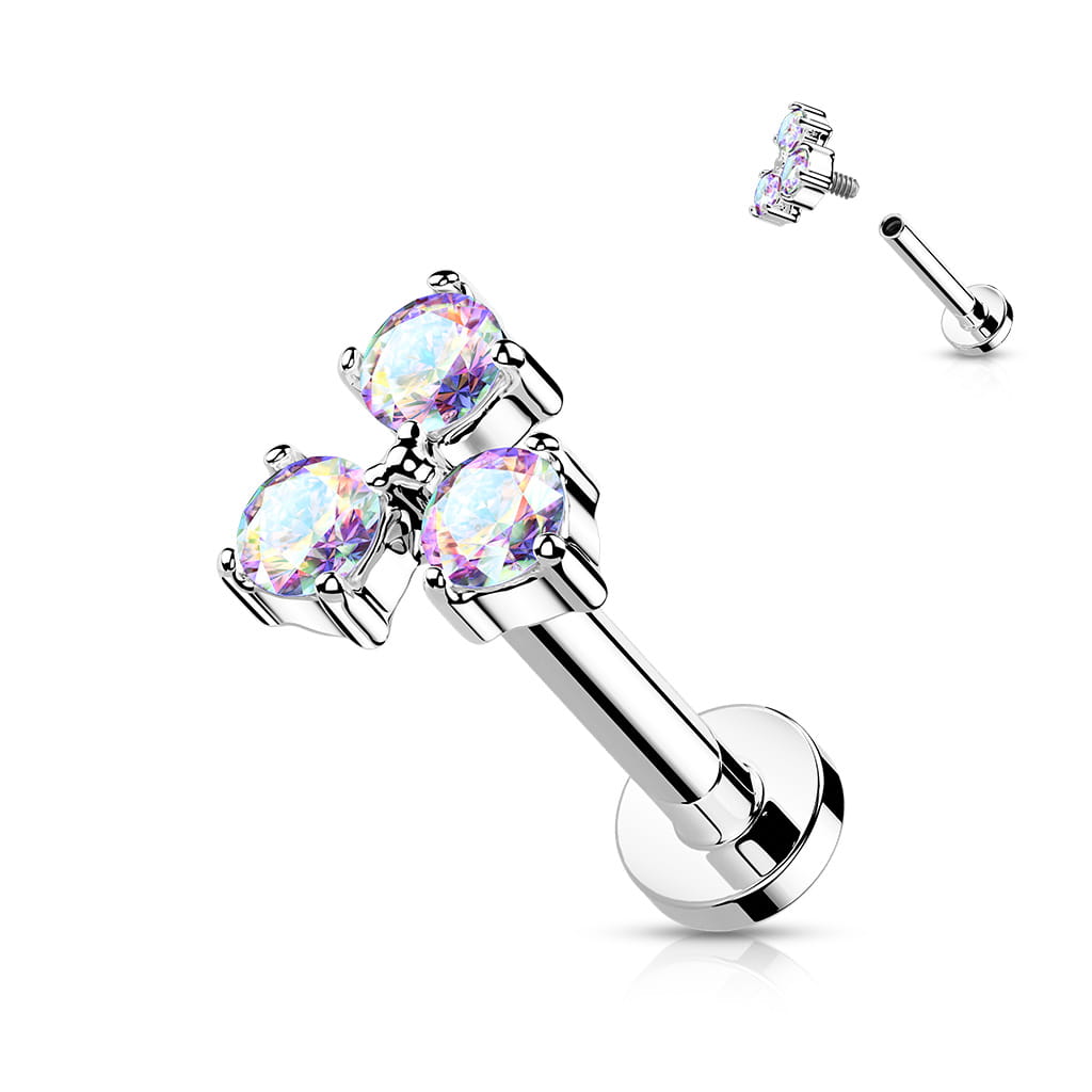 Labret Trinity z trzema opalizującymi cyrkoniami CZ, doskonały do piercingu lobe, tragus, helix, conch oraz medusa. Bezpieczny gwint wewnętrzny. Wykonany ze stali chirurgicznej 316L, nakrętka mosiężna, rozmiar 5 mm.