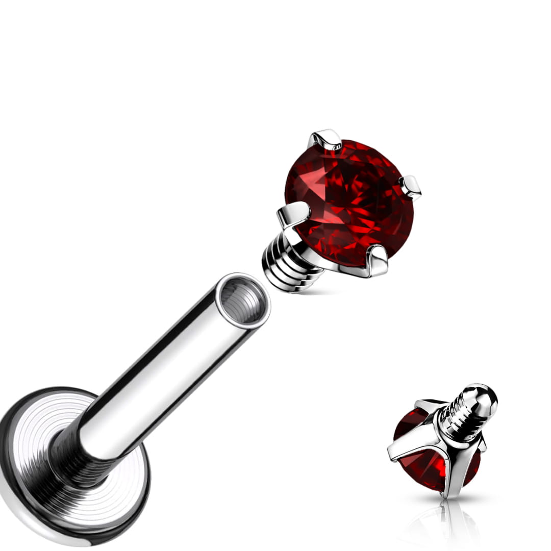 Labret z czerwoną cyrkonią 3D o średnicy 4 mm, wykonany ze stali chirurgicznej 316L z wewnętrznym gwintem. Idealny do różnych piercingów: lobe, helix, tragus, conch i wargi. Elegancja i komfort noszenia w jednym.