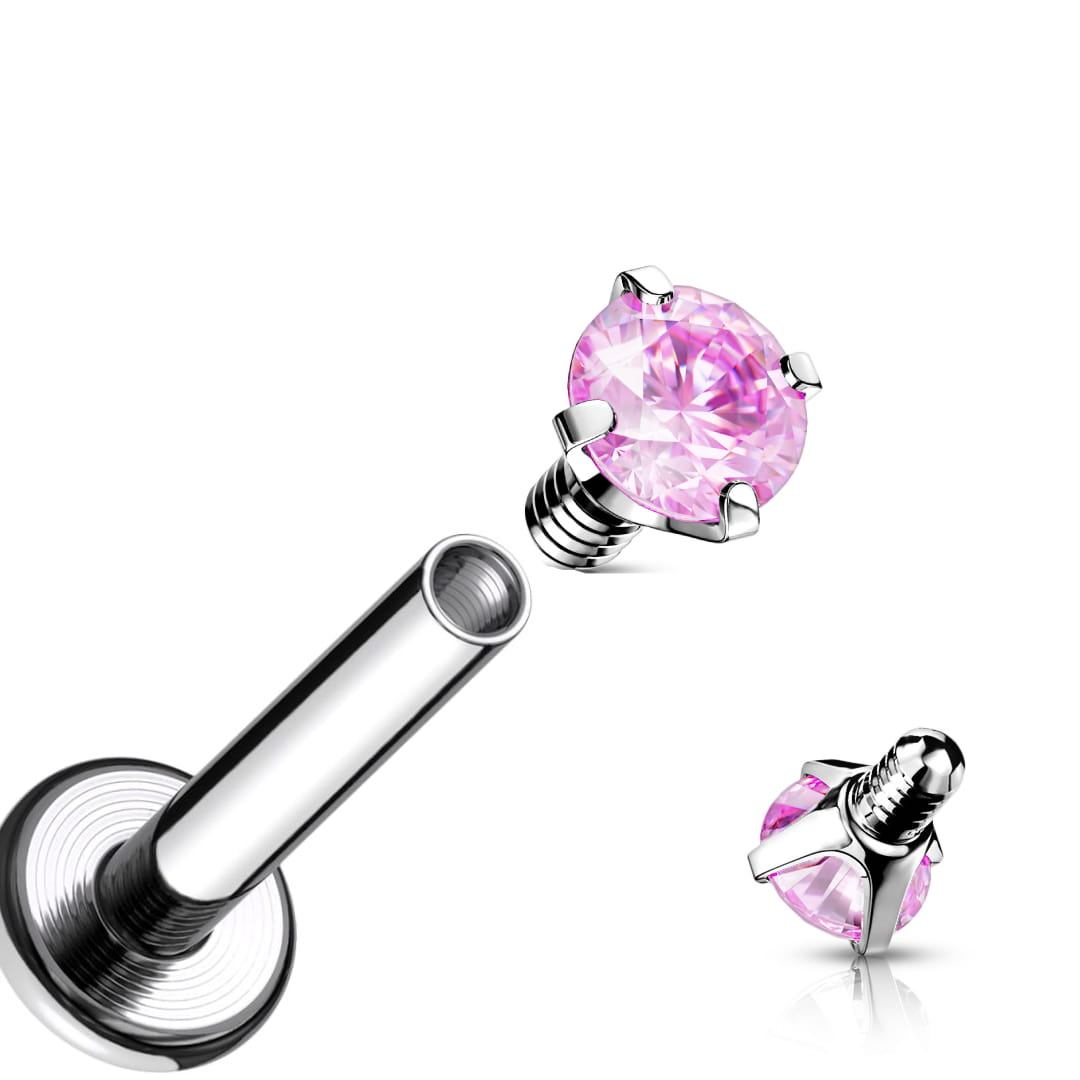 Subtelny labret z różową cyrkonią 3D o średnicy 4 mm, wykonany ze stali chirurgicznej 316L z wewnętrznym gwintem. Idealny do różnych piercingów: lobe, helix, tragus, conch i wargi. Elegancja i komfort noszenia w jednym.