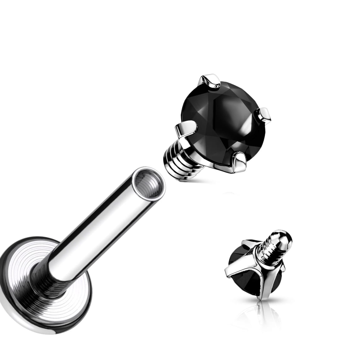Labret z czarną cyrkonią 3D o średnicy 4 mm, wykonany ze stali chirurgicznej 316L z wewnętrznym gwintem. Idealny do różnych piercingów: lobe, helix, tragus, conch i wargi. Elegancja i komfort noszenia w jednym.