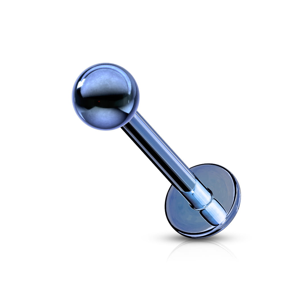 Niebieski labret ze stali chirurgicznej 316L z powłoką PVD, zakończony kulką 3 mm. Trwały, odporny na korozję, z zewnętrznym gwintem, uniwersalny do helix, tragus, conch, lobe i piercingu wargi