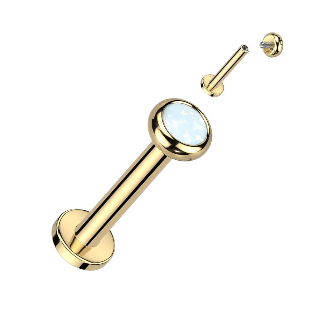 Tytanowy złoty labret z białym opalem, gwint wewnętrzny, powłoka PVD. Nakrętka 3 lub 4 mm z potrójnym uchwytem..