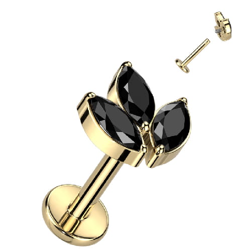 Tytanowy labret Black Marquise Queen to trzy czarne cyrkonie, które tworzą markizowy kształt, nadając całości niezwykle szlachetny i tajemniczy wygląd.      Wykonany z tytanu chirurgicznego G23 z powłoką PVD