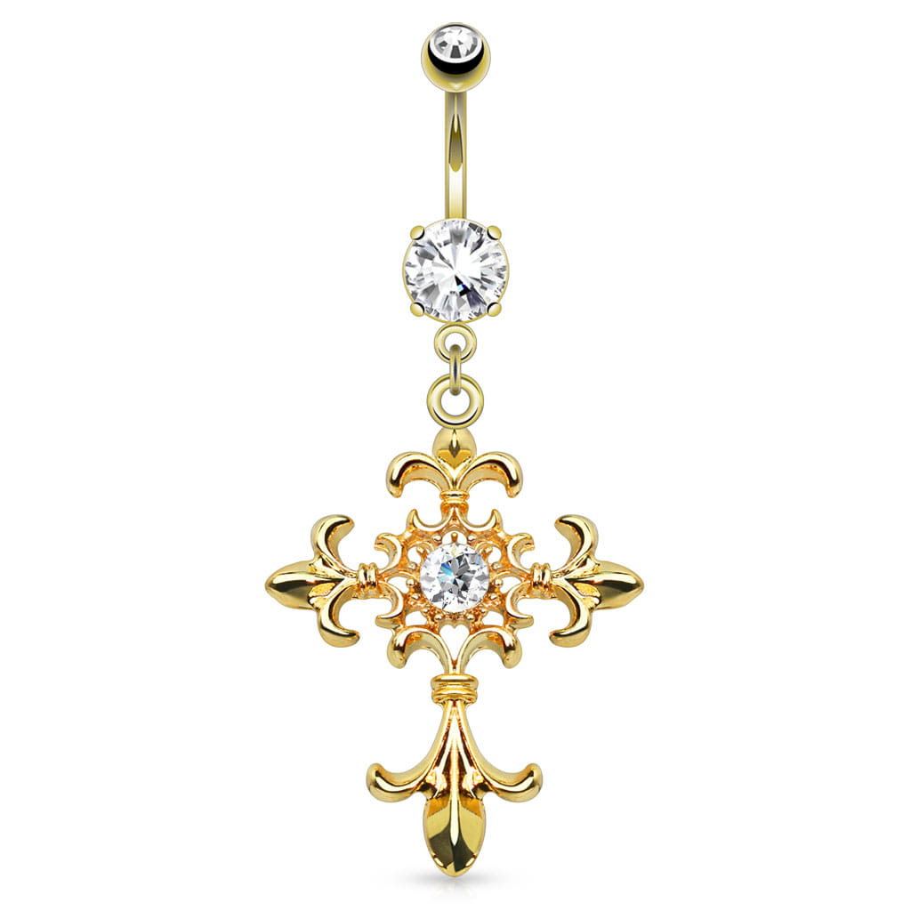 kolczyk do pępka ozdobiony jest imponującym krzyżem w stylu Fleur de Lis, wysadzanym białymi, lśniącymi kryształkami, które pięknie odbijają światło