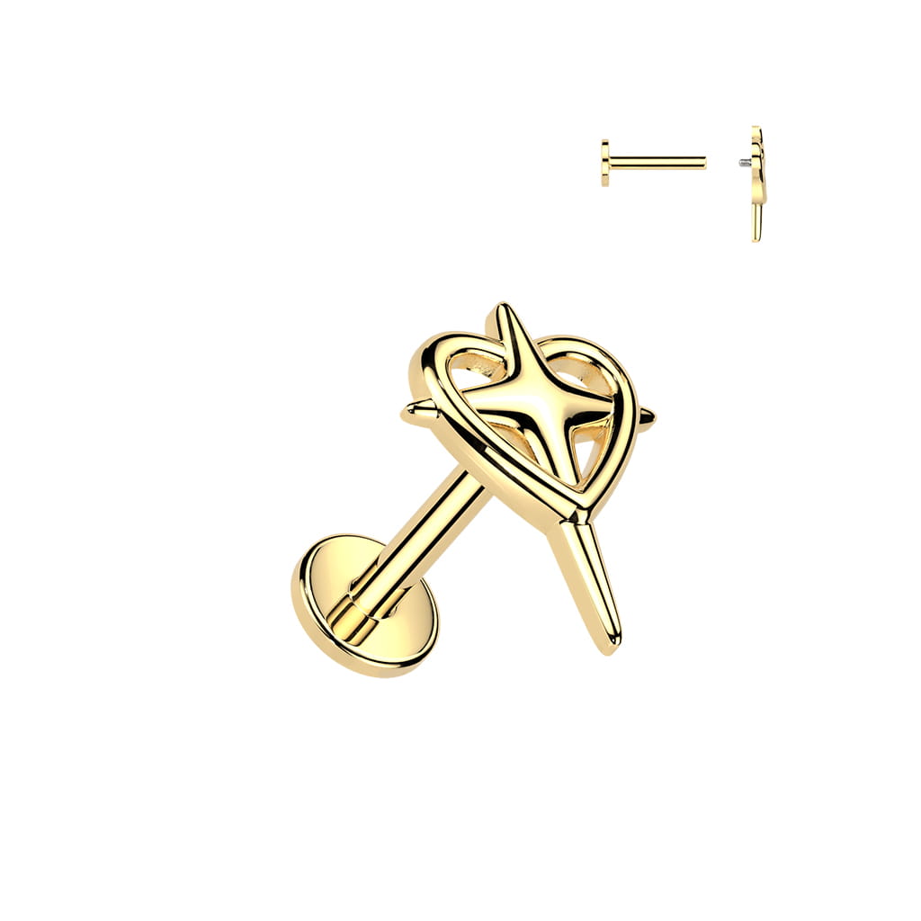 Złoty labret Serce z krzyżem