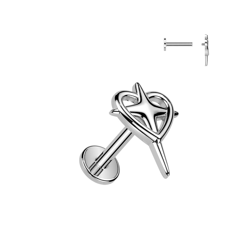 Stylowy labret z ozdobą w kształcie serca otaczającego krzyż, który łączy delikatną formę z wyrazistą symboliką.