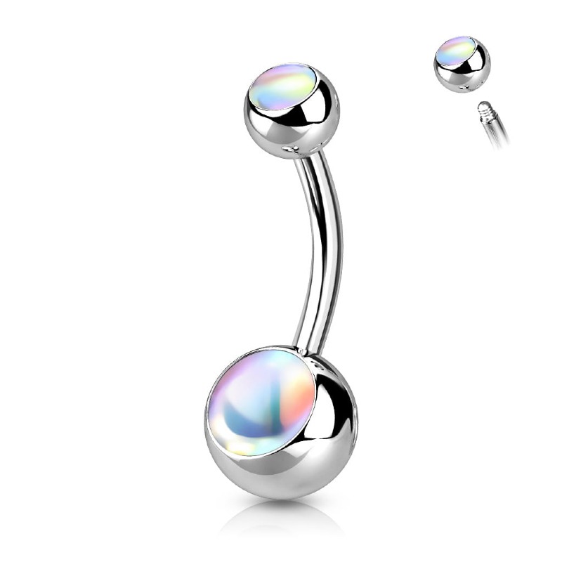 Kolczyk do pępka z opalizującym kamieniem Iridescent Stone w odcieniach bieli.